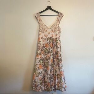 Free People Cream Floral Midi Dress with Peach and Green Accents